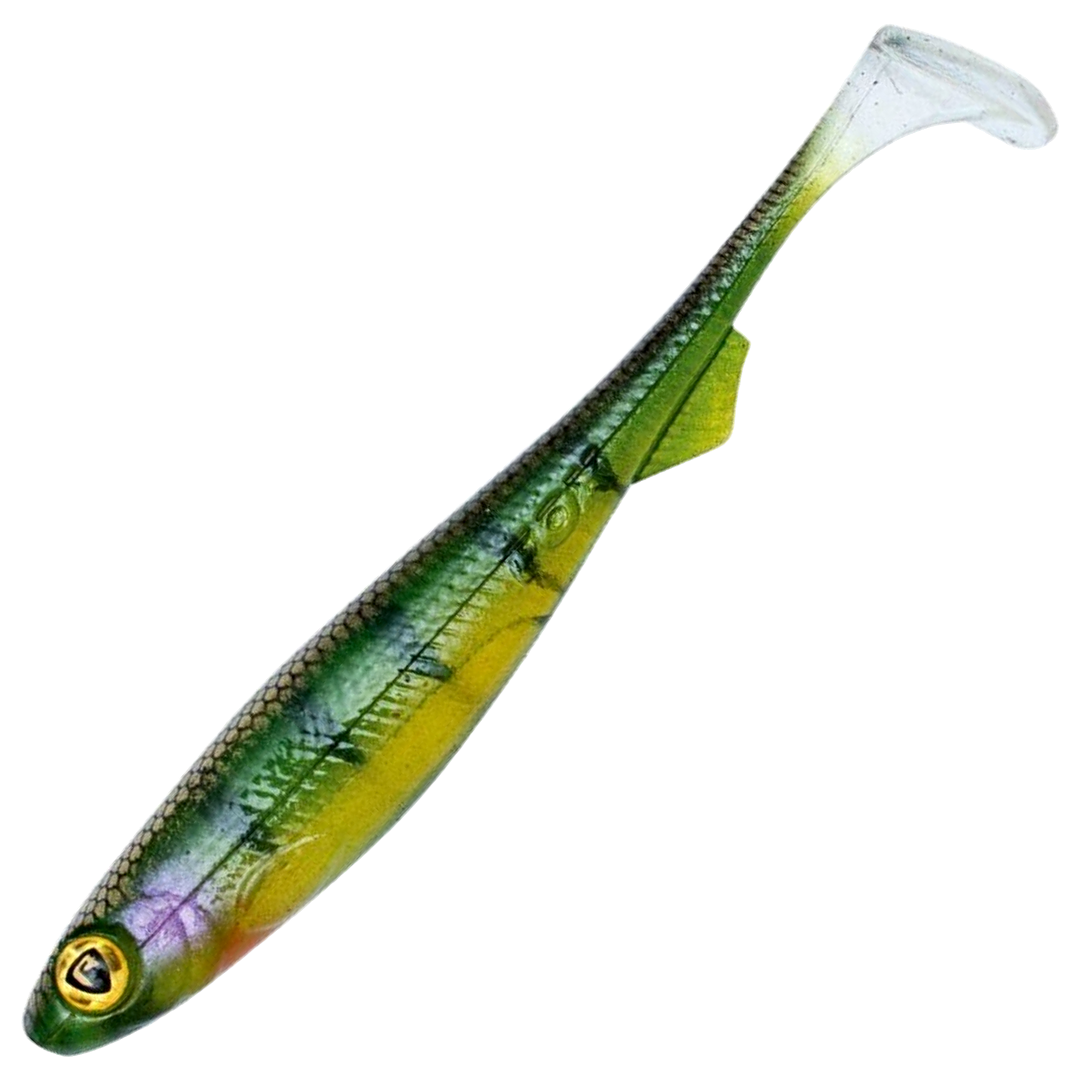 Fox Rage Slick Shad Jigi 7cm, väri UV Stickleback: vihreä selkä, tummat raidat ja vaalea pyrstö