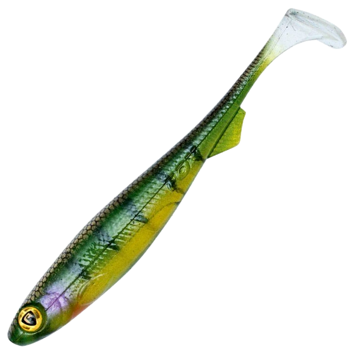 Fox Rage Slick Shad Jigi 7cm, väri UV Stickleback: vihreä selkä, tummat raidat ja vaalea pyrstö