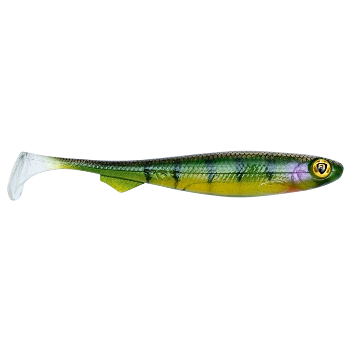 Fox Rage Slick Shad Jigi 7cm UV Stickleback sivulta, pää oikealla