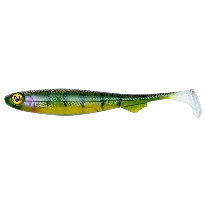 Fox Rage Slick Shad Jigi 9cm UV Stickleback sivulta, pää vasemmalla