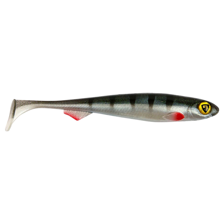 Fox Rage Slick Shad Jigi 9cm Young Perch sivulta, pää oikealla
