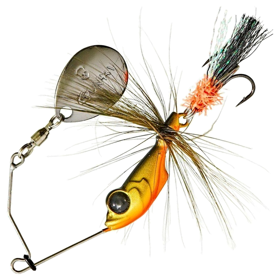 Gunki Alvin Fly Spinnerbait 5.6g, väri Acid Fly: oranssi pää, ruskeat karvat ja savunruskea lapa