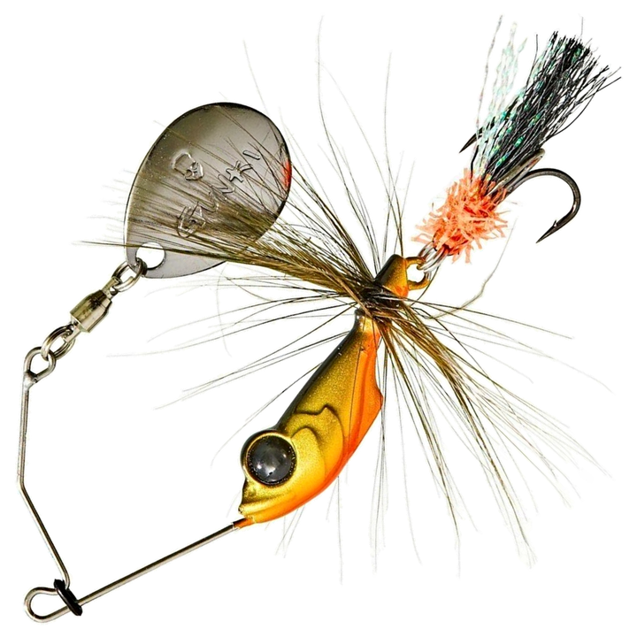 Gunki Alvin Fly Spinnerbait 5.6g, väri Acid Fly: oranssi pää, ruskeat karvat ja savunruskea lapa