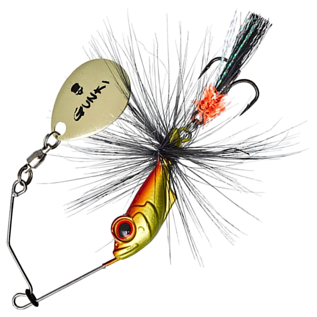 Gunki Alvin Fly Spinnerbait 5.6g, väri Golden Red: punaoranssi pää, mustat karvat ja kultainen lapa