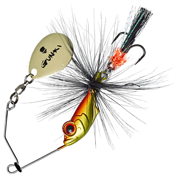 Gunki Alvin Fly Spinnerbait 5.6g, väri Golden Red: punaoranssi pää, mustat karvat ja kultainen lapa