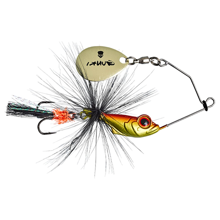 Gunki Alvin Fly Spinnerbait 5.6g Golden Red sivulta, pää oikealla