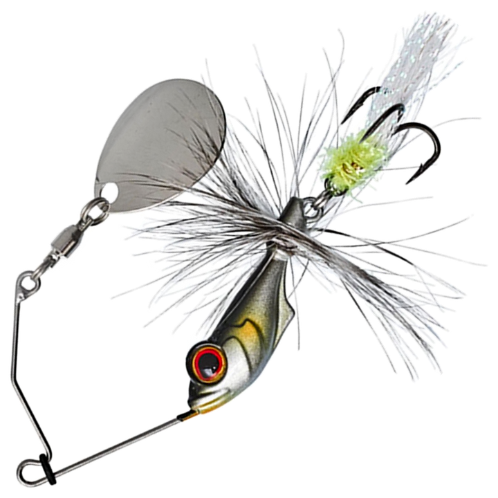 Gunki Alvin Fly Spinnerbait 5.6g, väri Tiny Alive: hopeinen pää, harmaat karvat ja hopeinen lapa