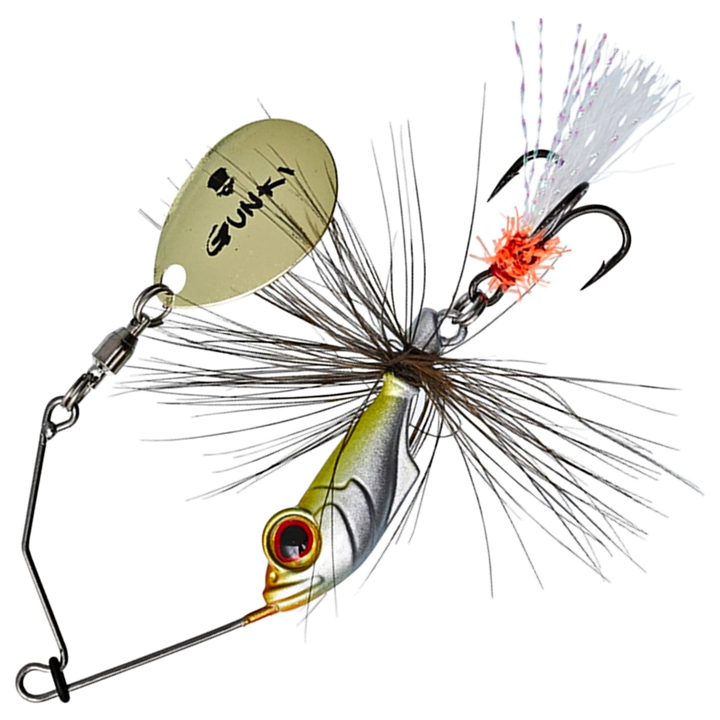 Gunki Alvin Fly Spinnerbait 5.6g, väri UV Fry: vihertävä hopeinen pää, harmaat karvat ja kultainen lapa