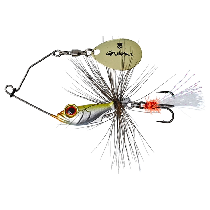 Gunki Alvin Fly Spinnerbait 5.6g UV Fry sivulta, pää vasemmalla