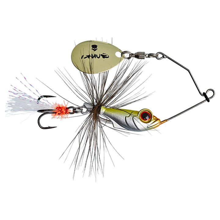 Gunki Alvin Fly Spinnerbait 5.6g UV Fry sivulta, pää oikealla