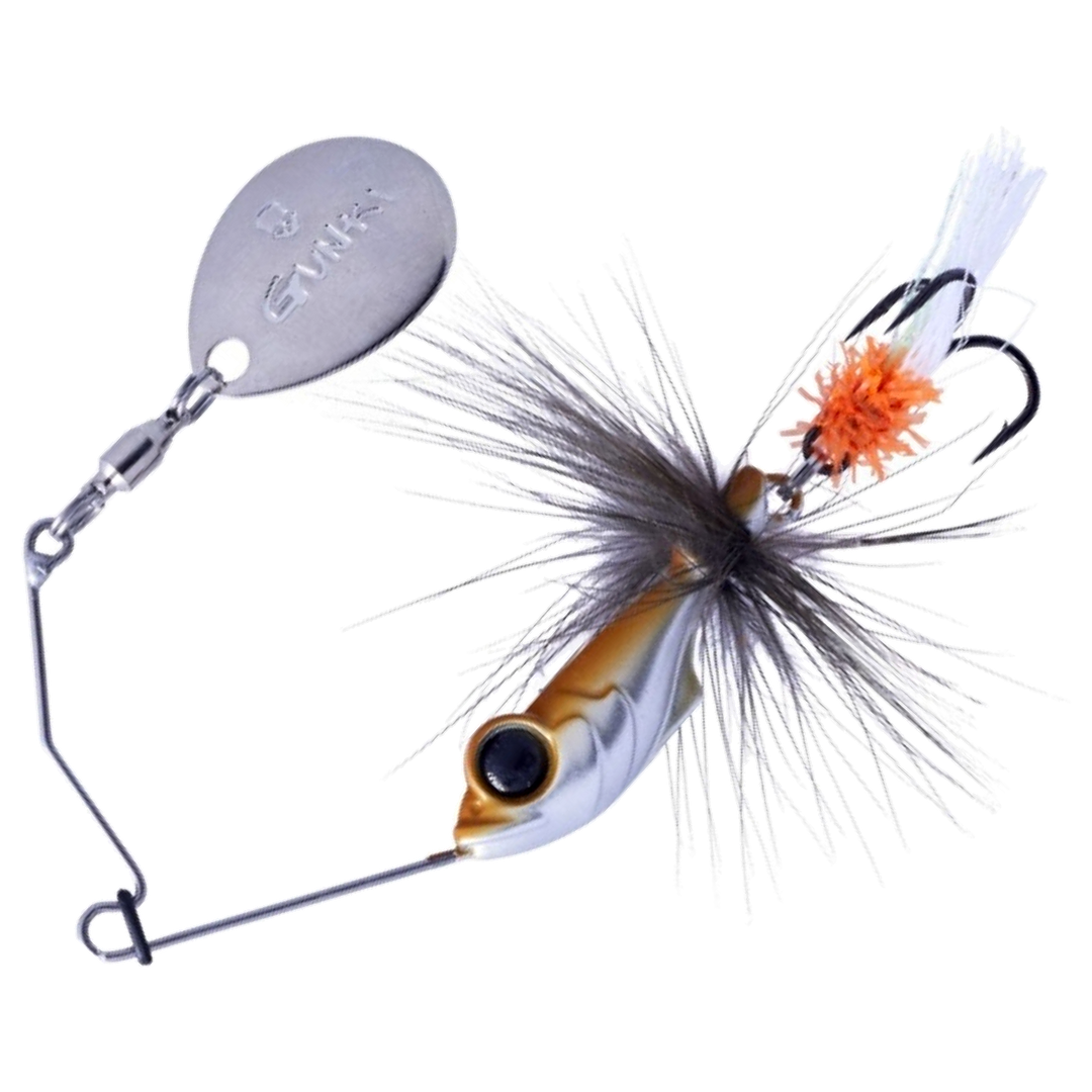 Gunki Alvin Fly Spinnerbait 5.6g, väri White Fry: ruskea selkä, valkoinen vatsa, mustat karvat ja hopeinen lapa