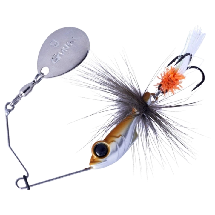 Gunki Alvin Fly Spinnerbait 5.6g, väri White Fry: ruskea selkä, valkoinen vatsa, mustat karvat ja hopeinen lapa