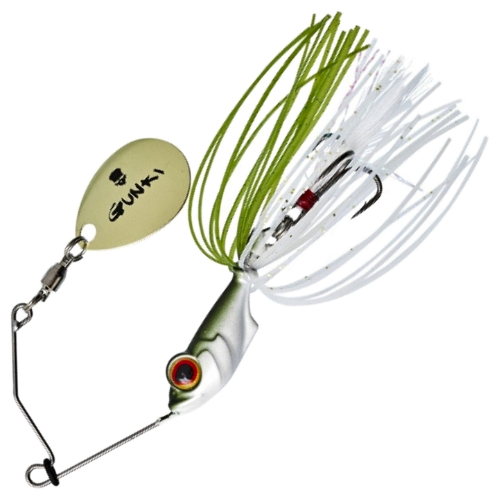 Gunki Alvin Spinnerbait 5,6g, väri AYU: vihreä selkä, valkoinen vatsa, vihreä ja valkoinen helma, kultainen lapa