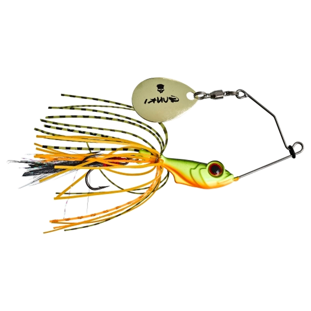 Gunki Alvin Spinnerbait 5,6g Fire Perch sivulta, pää oikealla