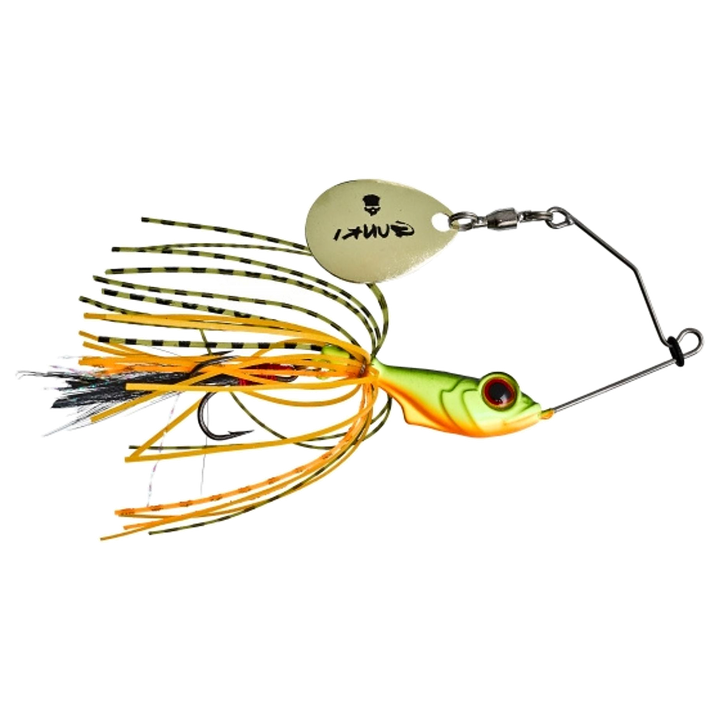 Gunki Alvin Spinnerbait 5,6g Fire Perch sivulta, pää oikealla