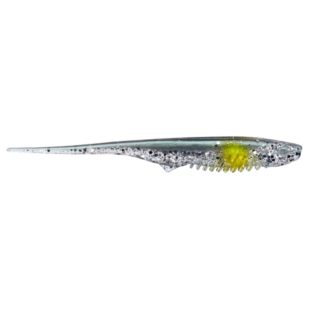 Gunki Mosquito Jigi 11cm Green Shiner Yellow Dot sivulta, pää oikealla