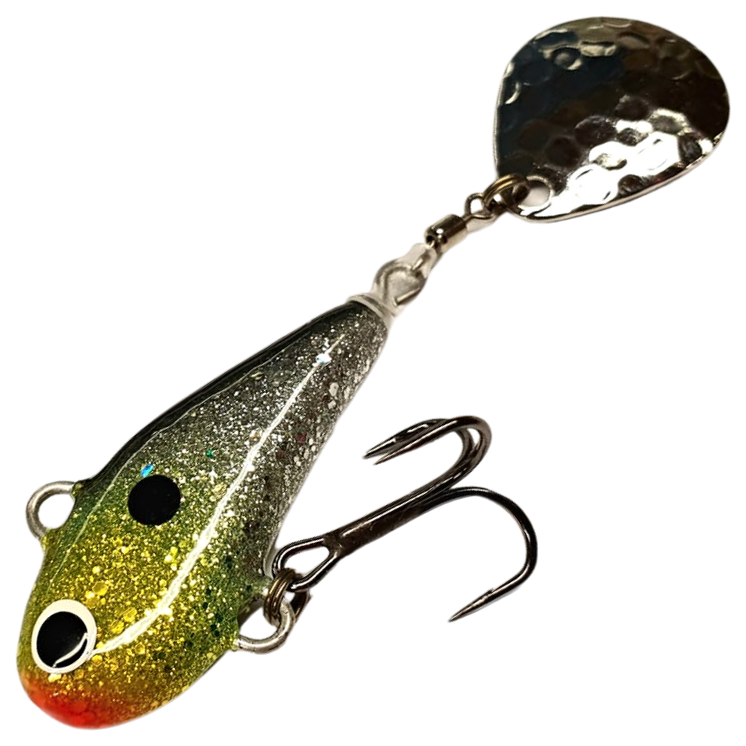 Halme Spintail 35mm 13g, väri 075 Headlight: oliivinkultainen kimalteinen runko, mustat pilkut ja hopeinen lippa