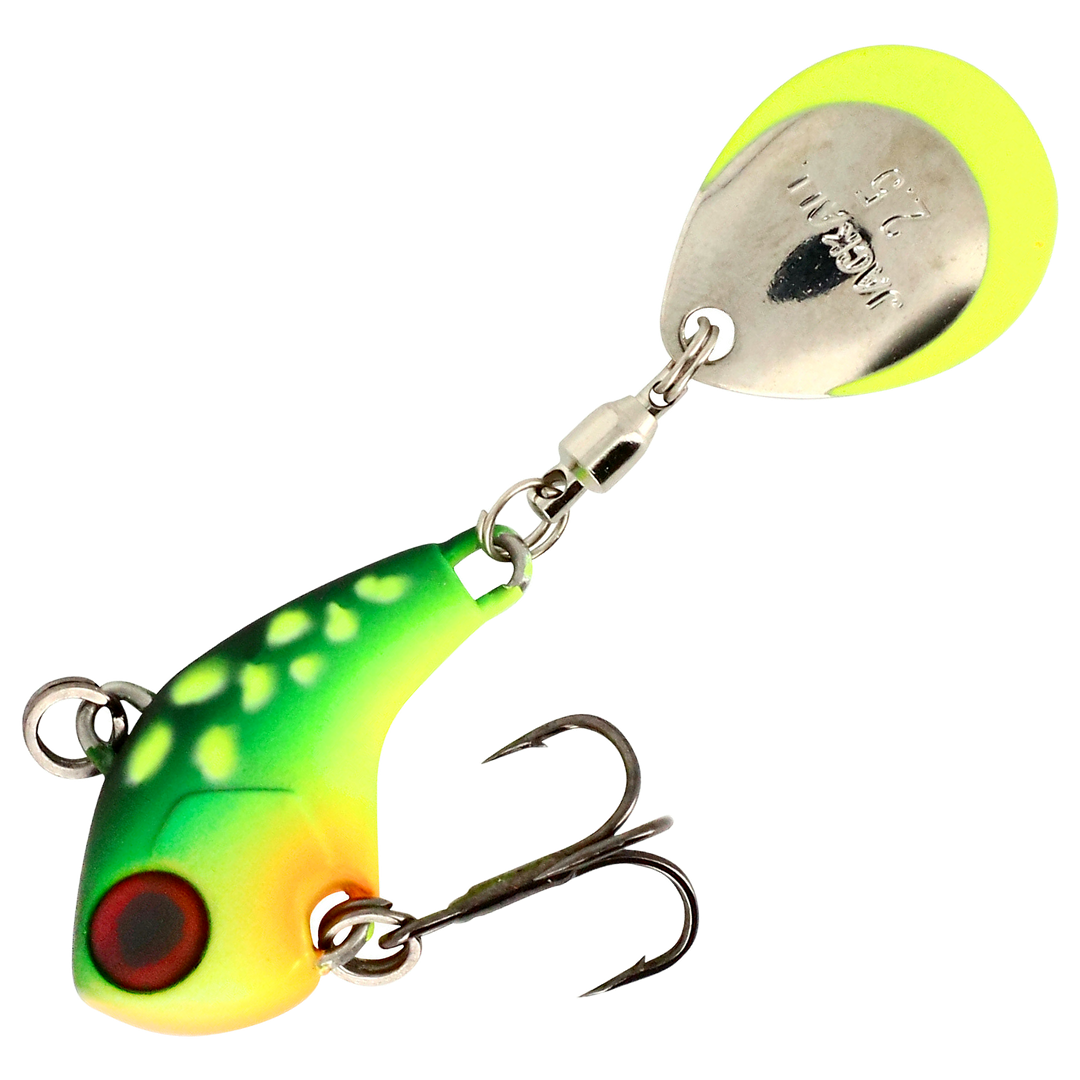 Illex Deracoup Spintail 21g 3.2cm, väri Crazy Pike: vihreä runko, keltaiset täplät ja hopeinen lippa keltaisella reunalla