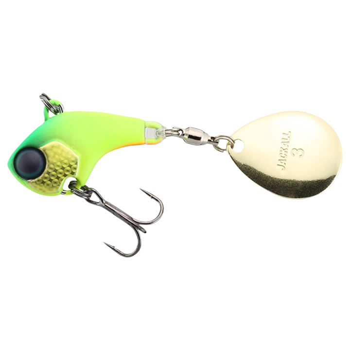 Jackall Deracoup Spintail 10.5g Dera Chartreuse sivulta, pää vasemmalla