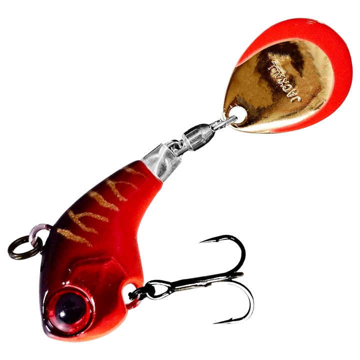 Jackall Deracoup Spintail 14g, väri HL Red Tiger: punainen runko, tummat raidat ja kultainen lippa punaisella reunalla