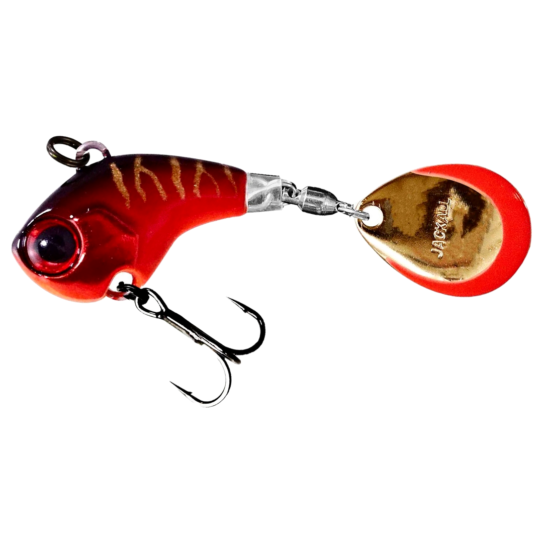 Jackall Deracoup Spintail 14g HL Red Tiger sivulta, pää vasemmalla
