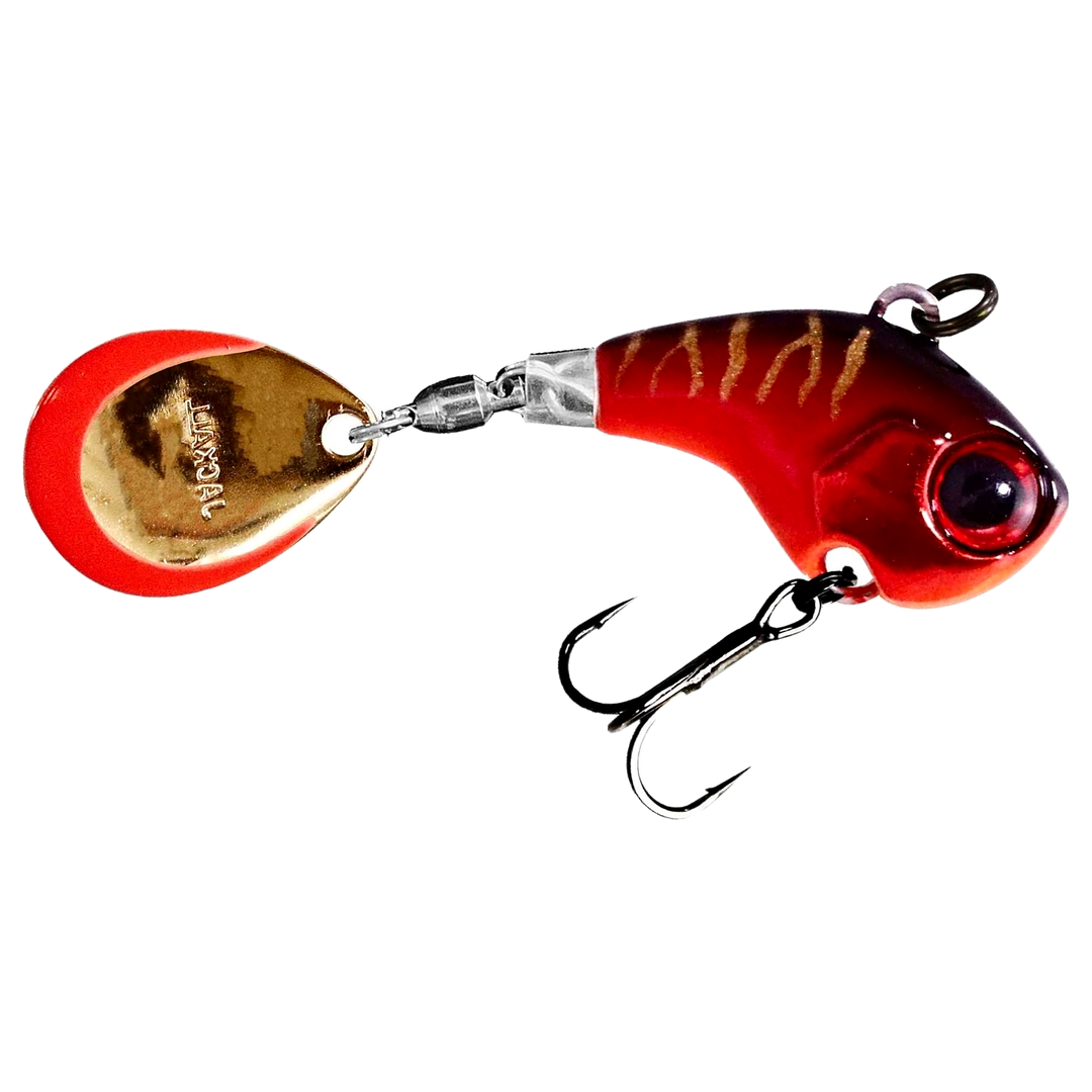 Jackall Deracoup Spintail 14g HL Red Tiger sivulta, pää oikealla