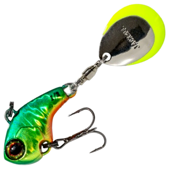 Jackall Deracoup Spintail 14g, väri Lit Hl Lime Gold: vihreä runko, oranssi vatsa ja hopeinen lippa keltaisella reunalla