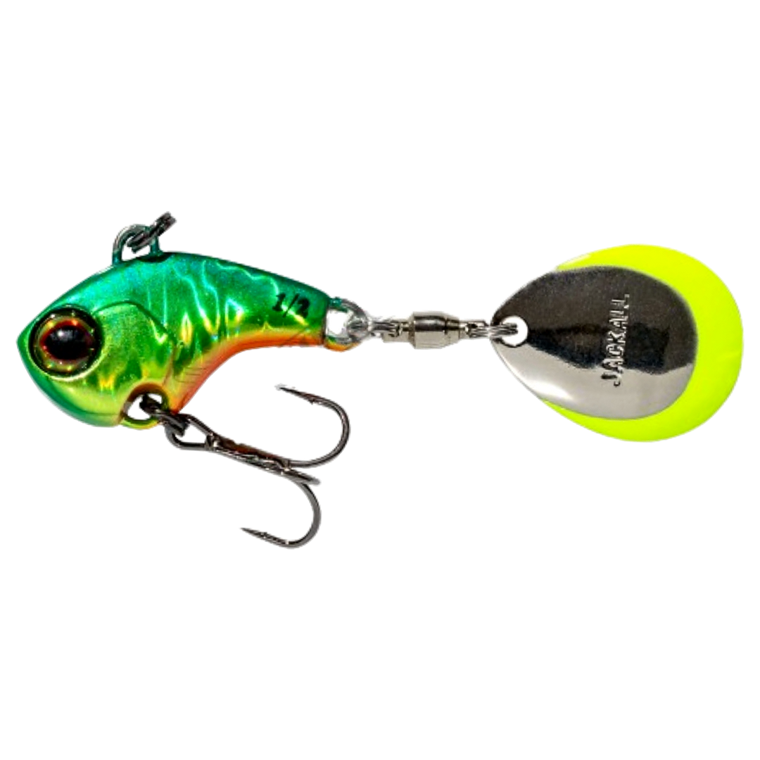 Jackall Deracoup Spintail 14g Lit Hl Lime Gold sivulta, pää vasemmalla