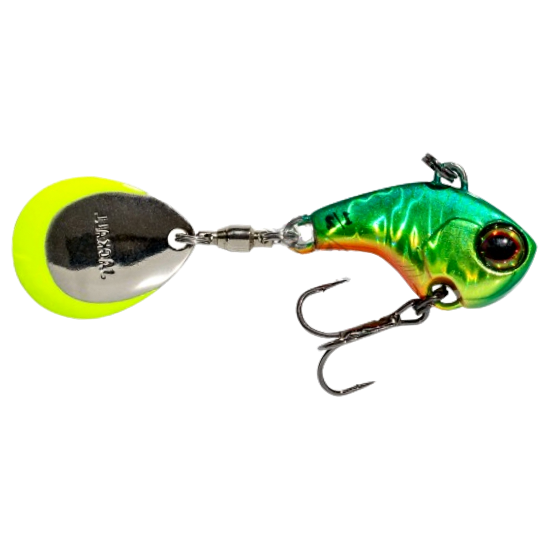 Jackall Deracoup Spintail 14g Lit Hl Lime Gold sivulta, pää oikealla