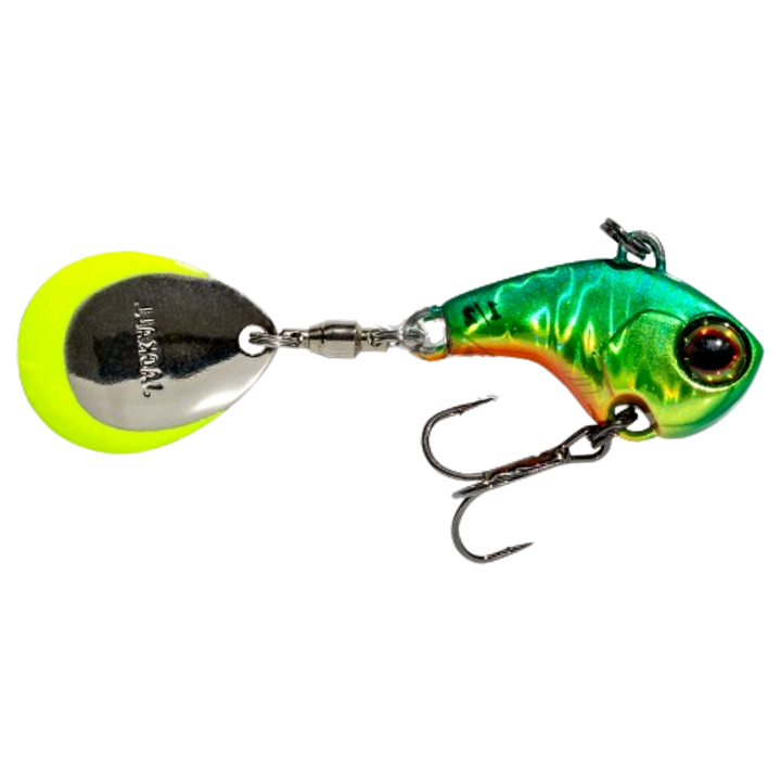 Jackall Deracoup Spintail 14g Lit Hl Lime Gold sivulta, pää oikealla