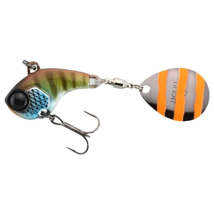Jackall Deracoup Spintail 7g Bluegill Stripe sivulta, pää vasemmalla
