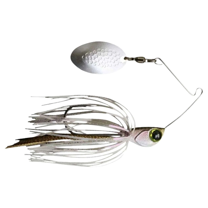 Jackall Deraspin Spinnerbait 7g Baby Wakasagi sivulta, pää oikealla