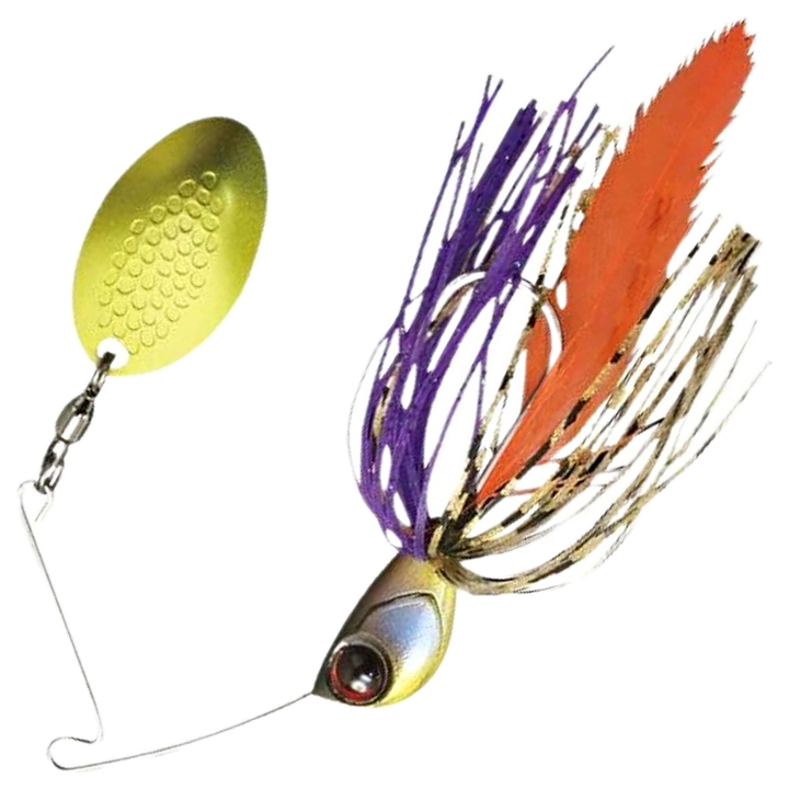 Jackall Deraspin Spinnerbait 7g, väri Strong Girl: valkoinen pää, violetti ja oranssi helma, keltainen lapa