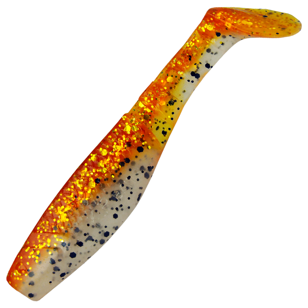 K.P Baits Original Shad Jigi 2.5", väri 041: oranssi hileinen selkä, vaalea vatsa ja mustat pilkut