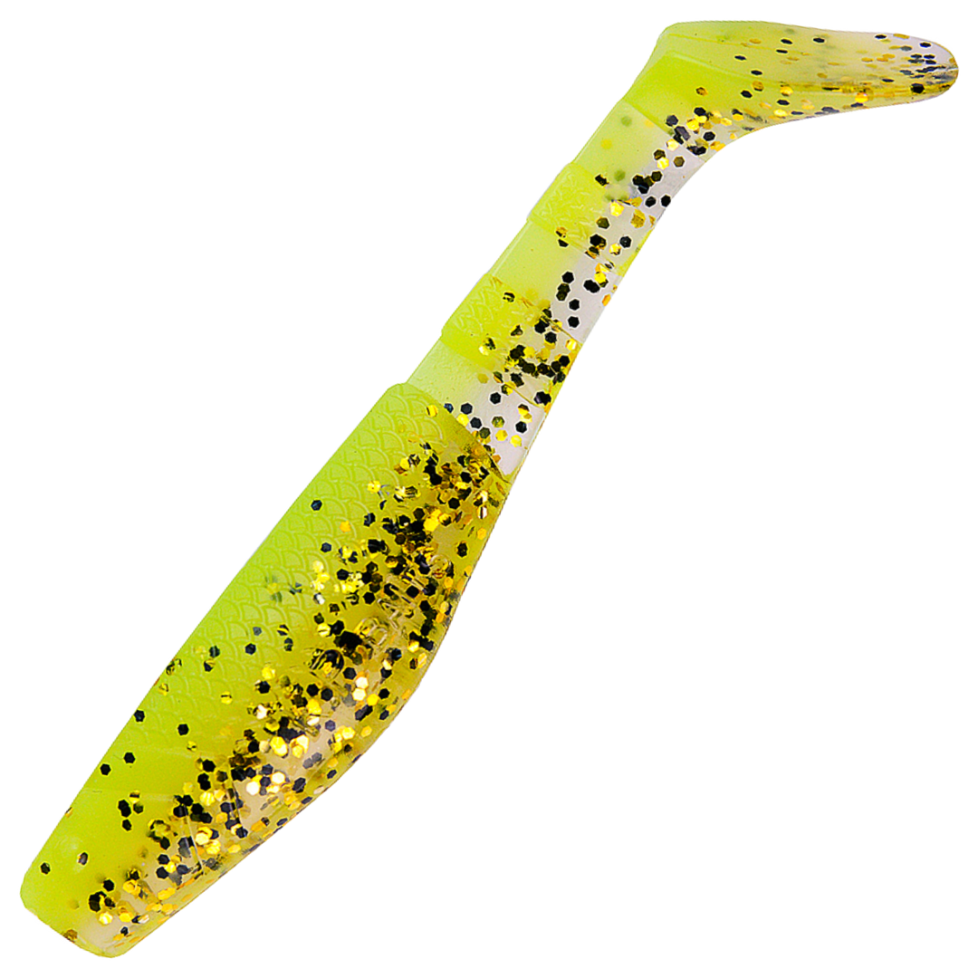 K.P Baits Original Shad Jigi 2.5", väri 213: kellanvihreä runko ja mustat pilkut