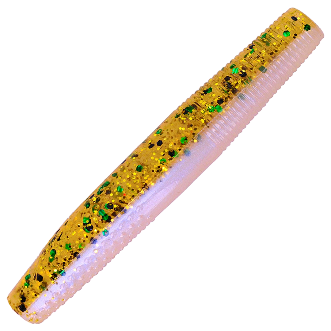 K.P Baits Stick Worm Jigi 2.75", väri 071: läpikuultava kellanruskea runko ja kultaiset ja vihreät hileet