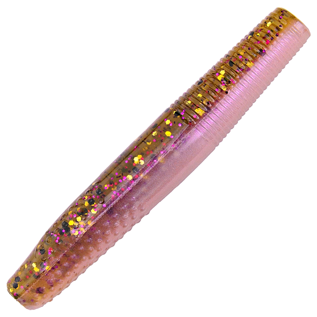 K.P Baits Stick Worm Jigi 2.75", väri 083: läpikuultava ruskea runko, kultahileet ja vaaleanpunainen vatsa
