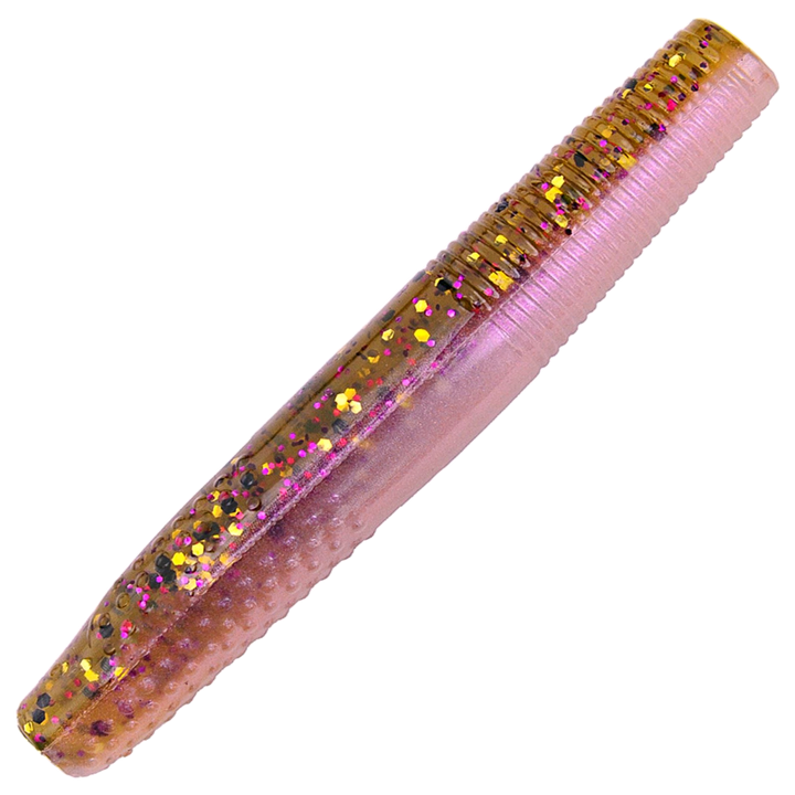 K.P Baits Stick Worm Jigi 2.75", väri 083: läpikuultava ruskea runko, kultahileet ja vaaleanpunainen vatsa