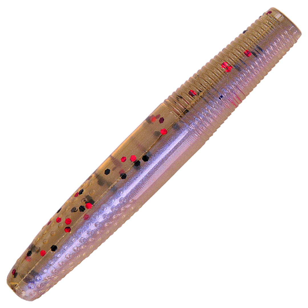 K.P Baits Stick Worm Jigi 2.75", väri 167: läpikuultava ruskea runko sekä punaiset ja mustat hileet