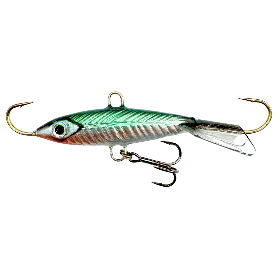 Kalapele Nulikka Keponen tasapainopilkki 85mm 13g Green Pearl Muikku F131 sivulta, pää vasemmalla