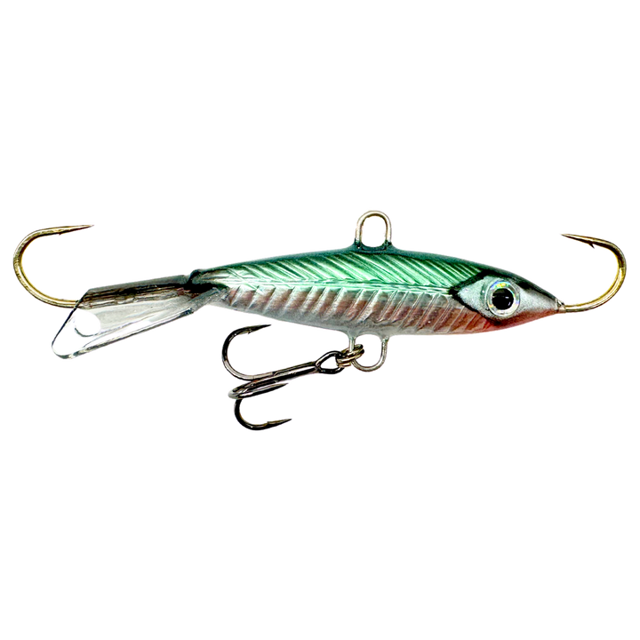 Kalapele Nulikka Keponen tasapainopilkki 85mm 13g Green Pearl Muikku F131 sivulta, pää oikealla