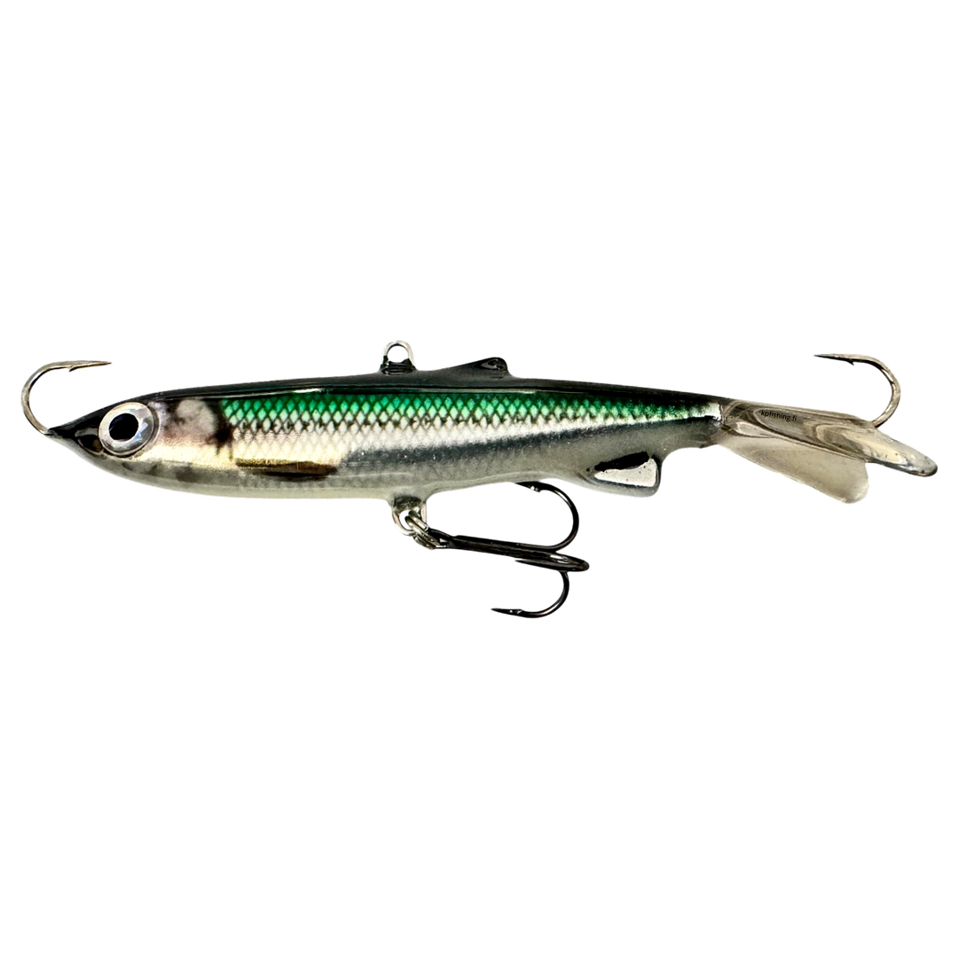 Kaweri 80 Kevennetty Tasapaino 86mm 15g Realistinen Muikku "Vihermuikku" sivulta, pää vasemmalla
