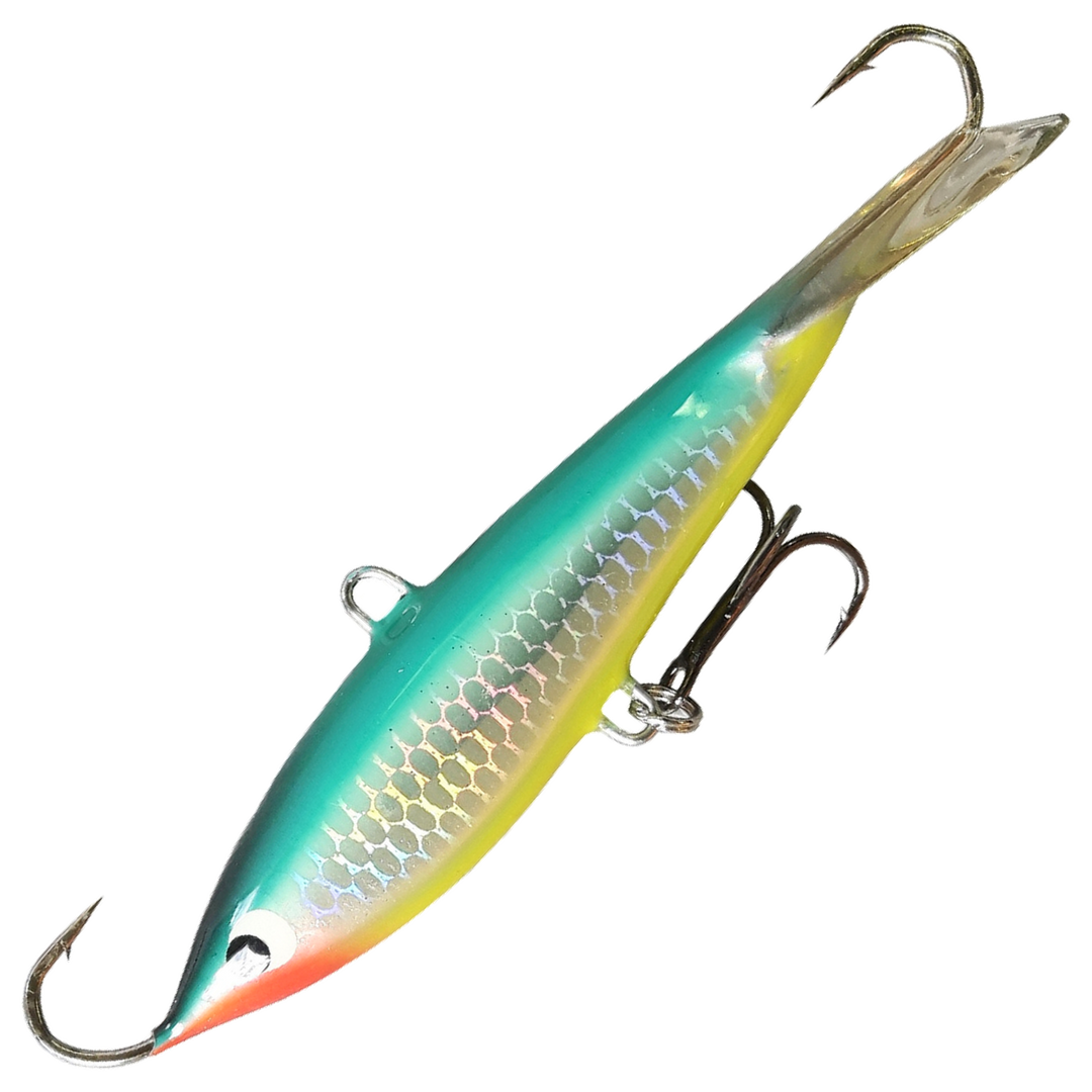 Kaweri 80 Kevennetty Tasapaino 86mm 16g, väri M10: turkoosi selkä, hopeinen suomukuvioitu kylki, keltainen vatsa