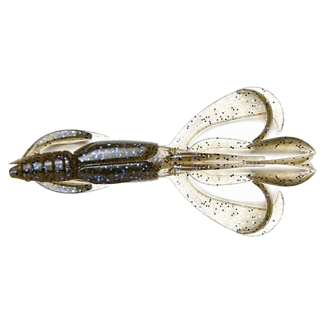 Keitech Crazy Flapper Jigi 2.4" Electric Smoke Craw yläpuolelta, pää vasemmalla