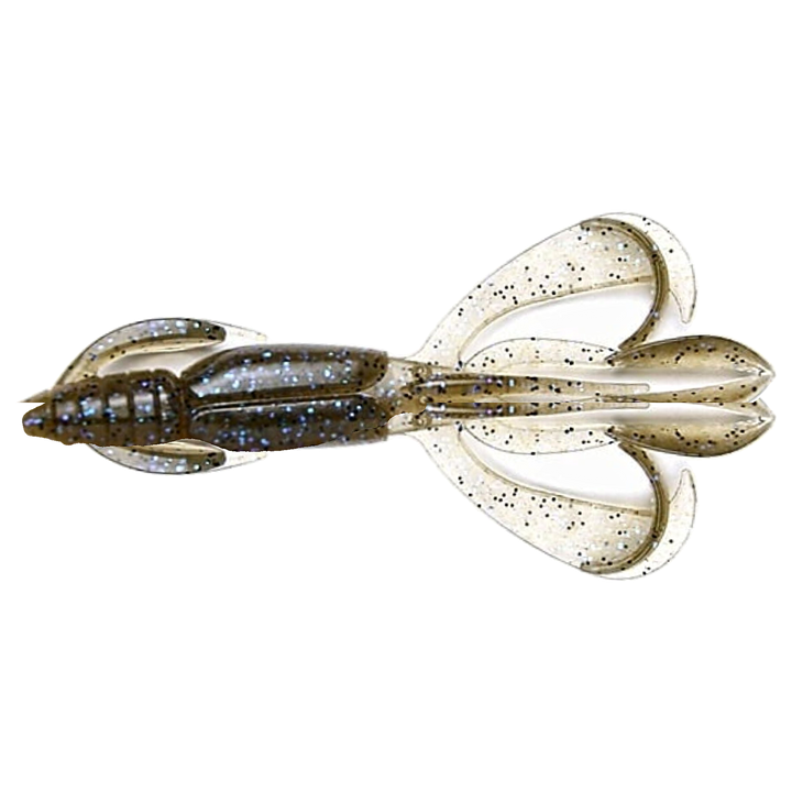 Keitech Crazy Flapper Jigi 2.4" Electric Smoke Craw yläpuolelta, pää vasemmalla