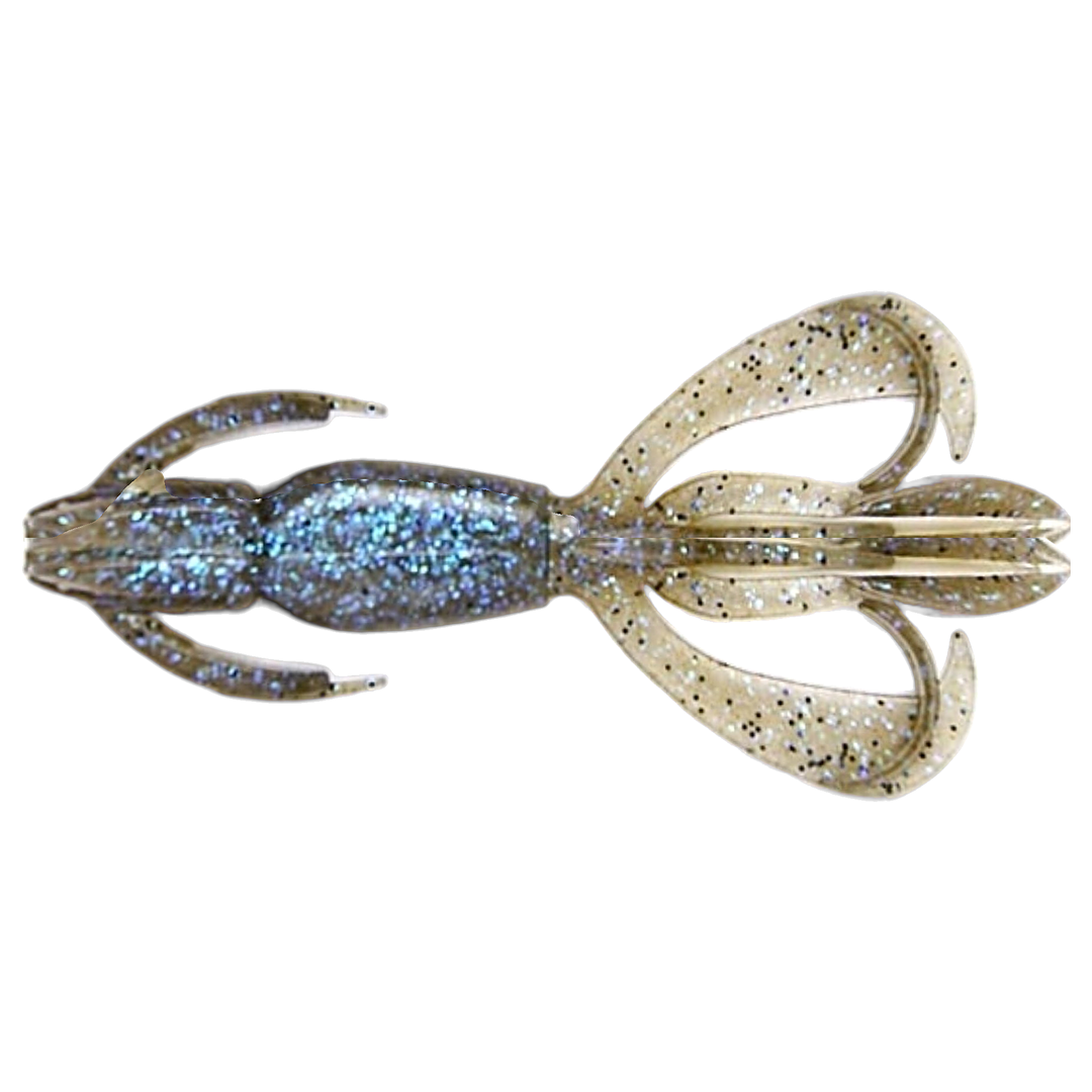 Keitech Crazy Flapper Jigi 2.4" Electric Smoke Craw alapuolelta, pää vasemmalla