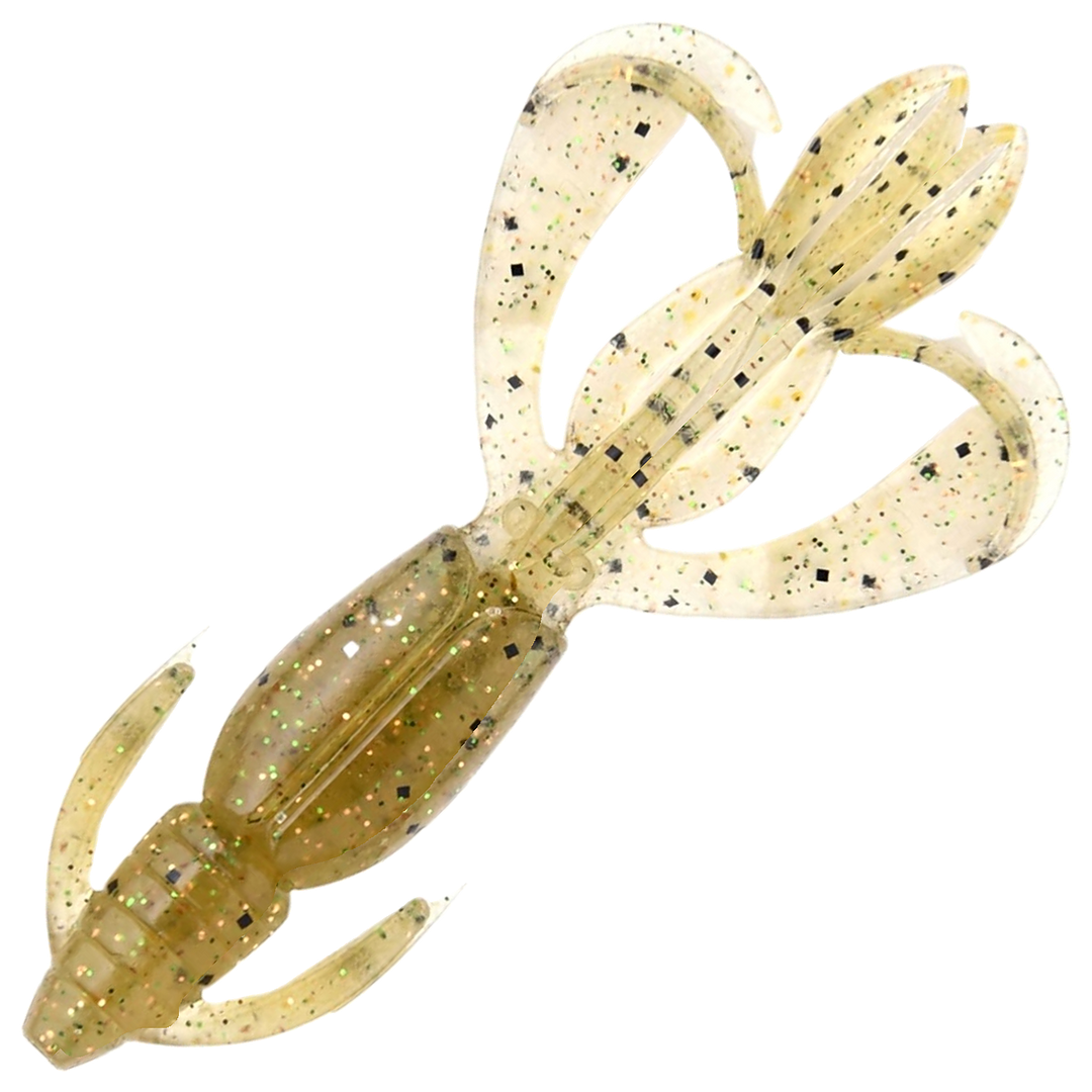 Keitech Crazy Flapper Jigi 2.4", väri Ginger Shrimp: oliivinruskea runko ja mustat pilkut