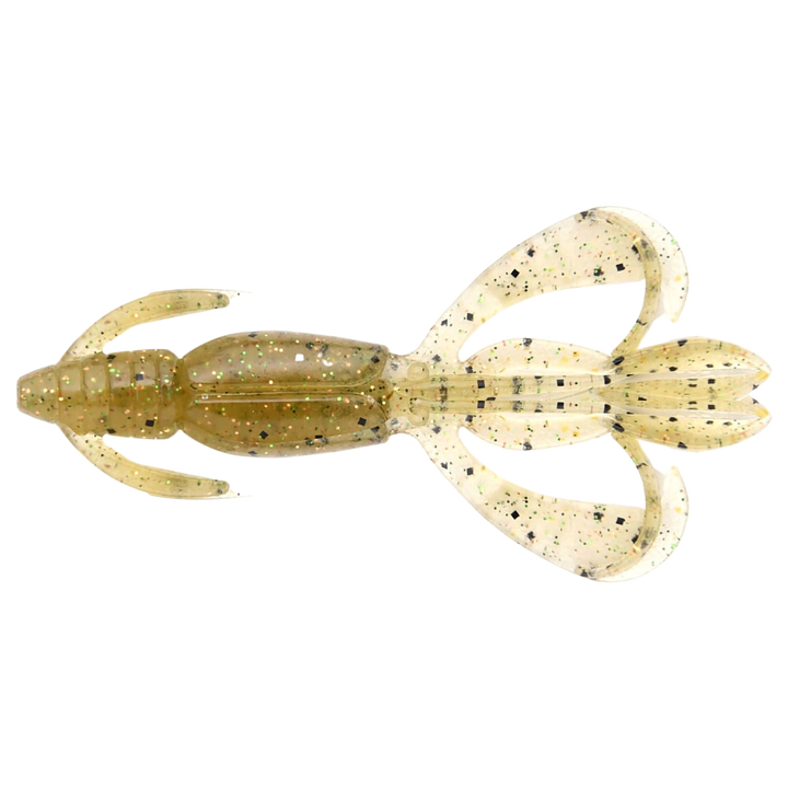 Keitech Crazy Flapper Jigi 2.4" Ginger Shrimp yläpuolelta, pää vasemmalla