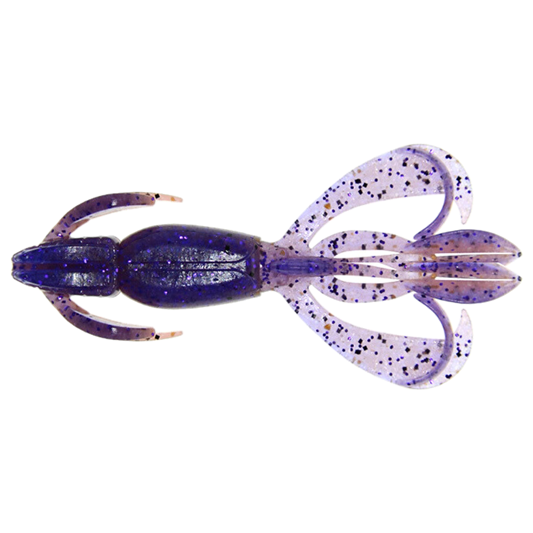 Keitech Crazy Flapper Jigi 2.4" Purple Jerry alapuolelta, pää vasemmalla
