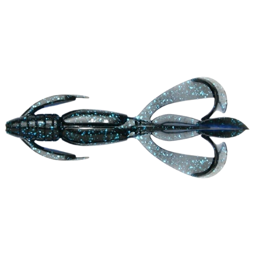 Keitech Crazy Flapper Jigi 2.8" Black Blue yläpuolelta, pää vasemmalla